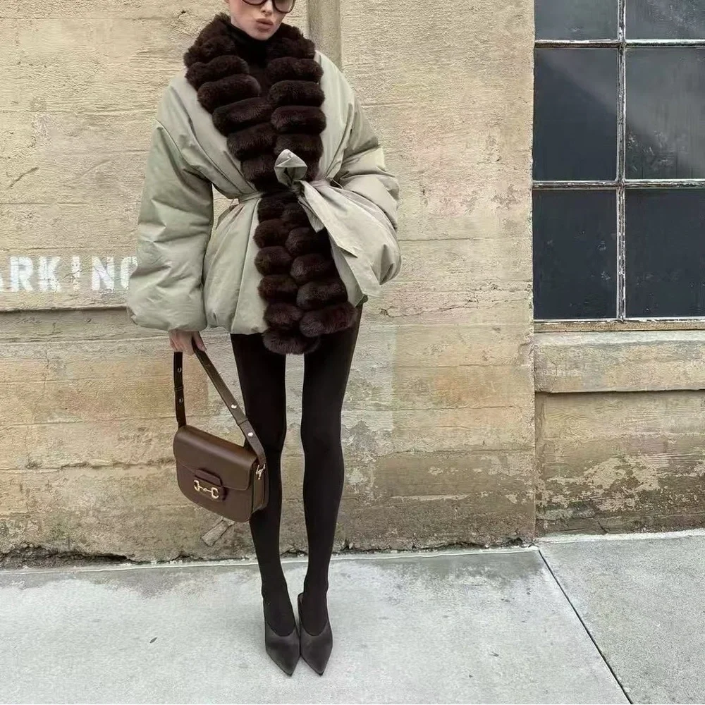 Helsa Bubble Puffer With Faux Fur in Tan & Cedar SZ S $449 - Picture 1 of 11
